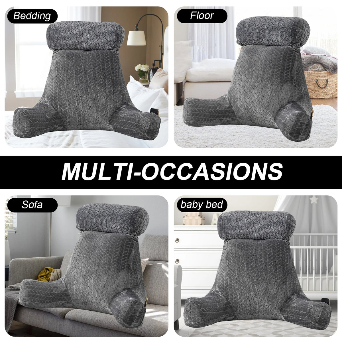 Bed Rest Reading Pillow Sit Up Pillow for Bed Backrest Support Sofa Couch Cushion with Arms, Side Pockets, Detachable Neck Roll