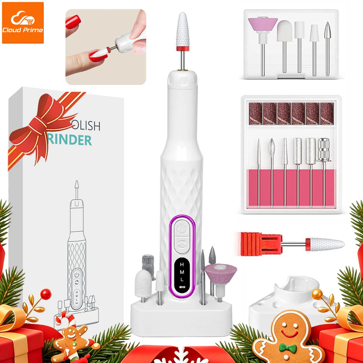 Cloud Prime Nail Drill, Adjustable 20000 RPM Portable Cordless Professional Electric Nail Polish Machine With Nail Clippers, Bits Kit, Manicure Pedicure Polishing Shape Tools For Manicure Salon Christmas And New Year Gifts