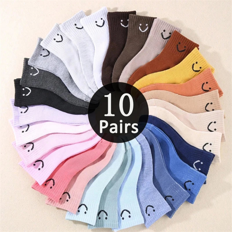 10 Pairs of Cute Solid-Color Smiling Face Pattern Children's Mid-Calf Socks, Suitable for Boys and Girls Socks