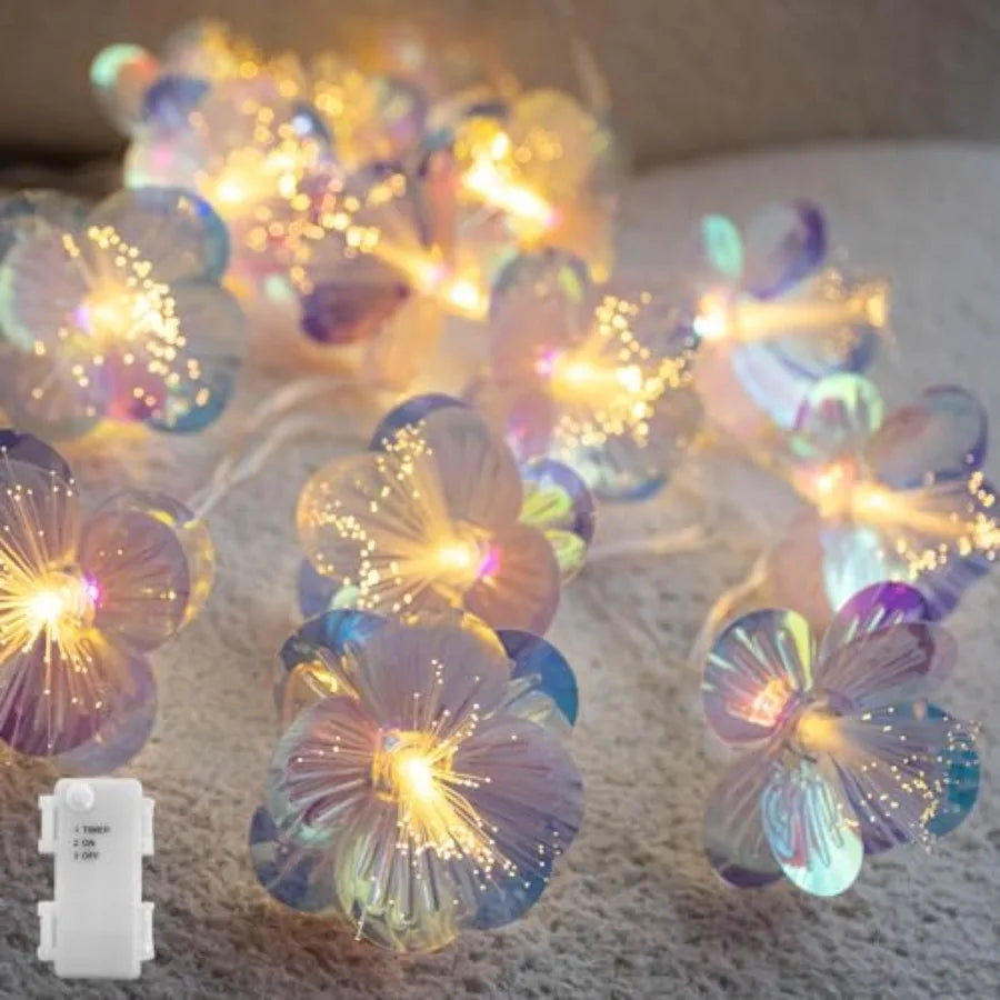 Fiber Optic Flower String Lights Battery Operated with Timer, 10 LED Flower Garland Lights Fairy Lights for Room Table Wedding