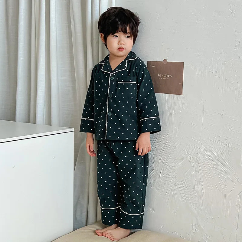 Merry Christmas Kids Pure Cotton Pajamas Set Plaid Print Turn-down Collar Button Shirt Trousers 2 Pieces Suit Homewear Xmas Look