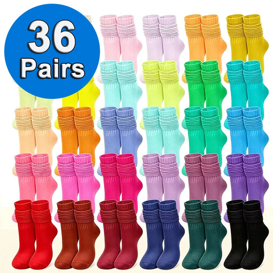 12/24/36 Pairs Cotton Socks Women Men - Solid Color Soft Stretchy Mid Calf Socks - Breathable Casual Daily Wear Bulk Pack