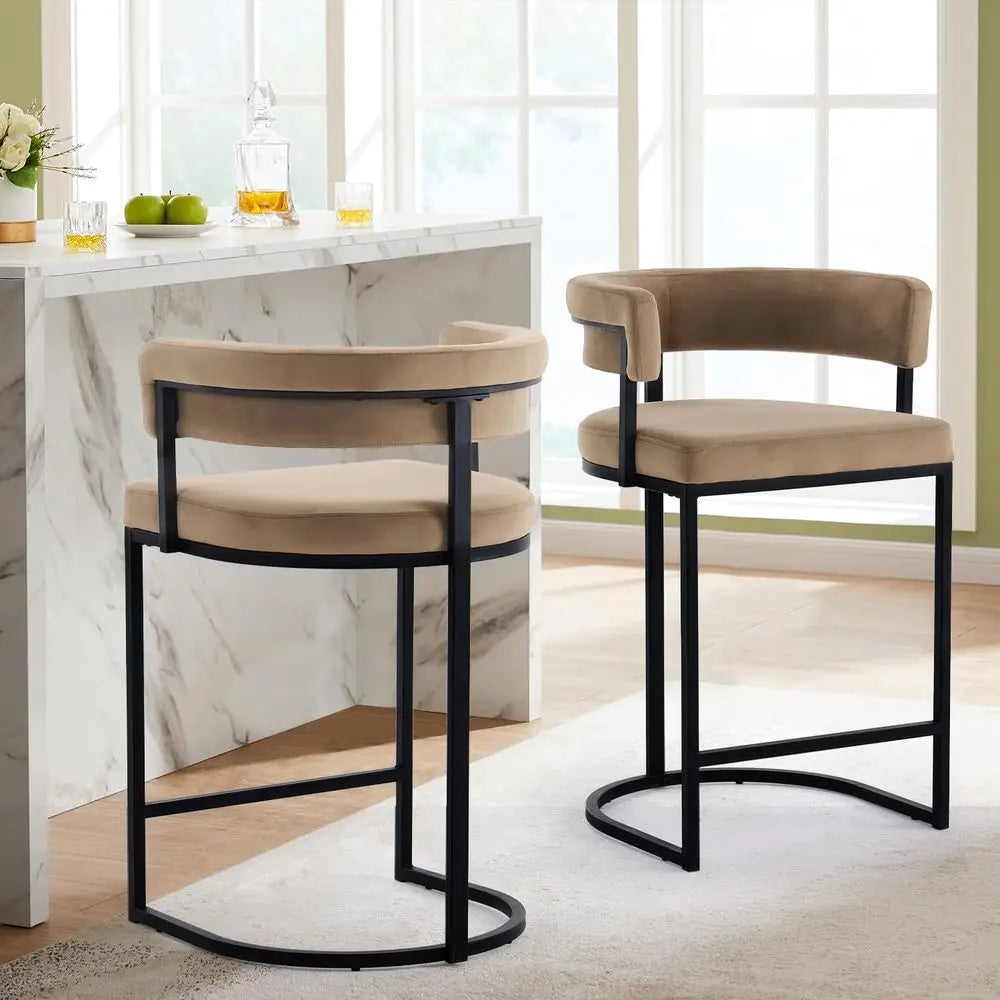Set o 2 Brown ern Velvet Bar Stools with Barrel Backrest, Upholstered Seat, and Black Metal ootrest – 25.6-Inch Seat Height, Ide
