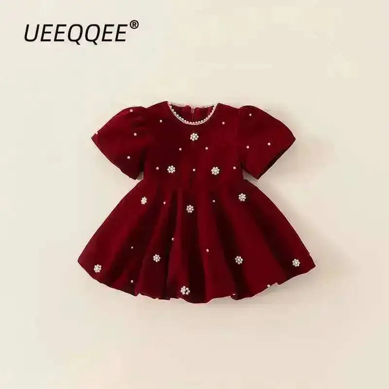 Autumn Winter Children Dress 1-10Y Girls Pearl Thick Warm Fleece Red Party Christmas Princess Dresses Toddler Wear Kids Clothing