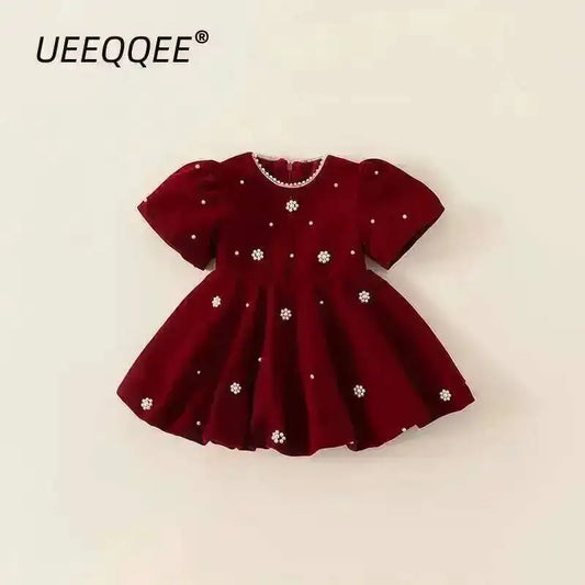 Autumn Winter Children Dress 1-10Y Girls Pearl Thick Warm Fleece Red Party Christmas Princess Dresses Toddler Wear Kids Clothing