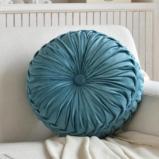 Decorative Round Pleated Seat Cushion, Classy Accent Wheel Throw Pillows With Center Button, Vintage Velvet Floor Pillow For So
