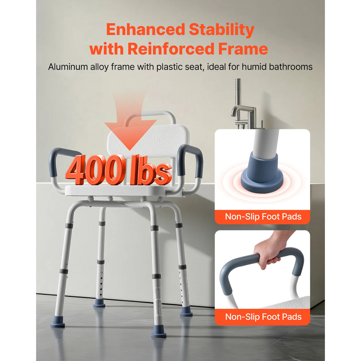 SucceBuy Swivel Shower Chair with Arms and Back 400/500 lbs Adjustable for Inside Shower Stall and Bathtub for Seniors Disabled