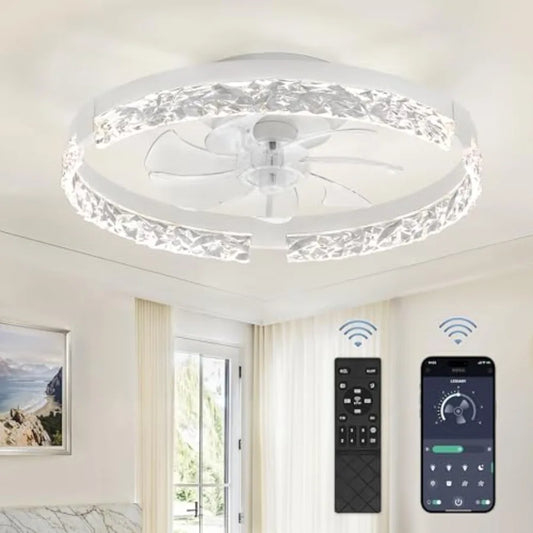 Low Profile Ceiling Fans with Lights and Remote, Fandelier Ceilg Fan Flush Mount, 3000K-6000K Dimmable LED Fan Light, Modern Ce