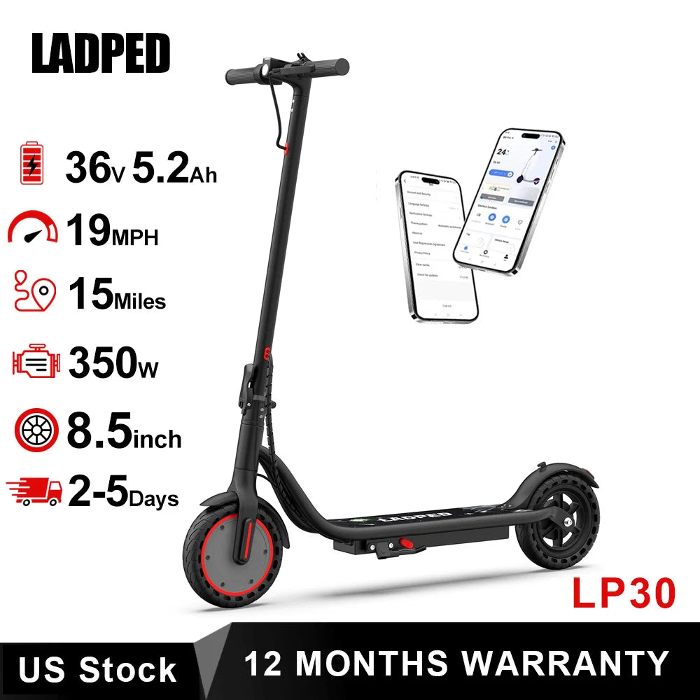 LADPED LP30 Electric Scooter 19mph Max Speed 8.5inch Solid Tire Foldable E-Scooter 15miles Max Range Urban Commuter for Teens