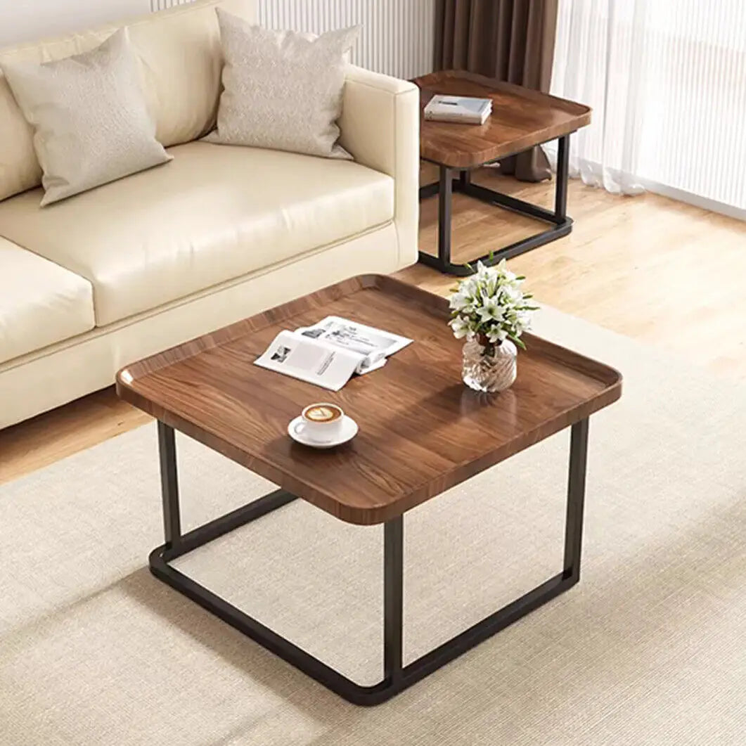LUVODI Set of 2 Industrial Coffee Table Retro Square Wooden Center Tea Table with Metal Base for Living Room Sofa
