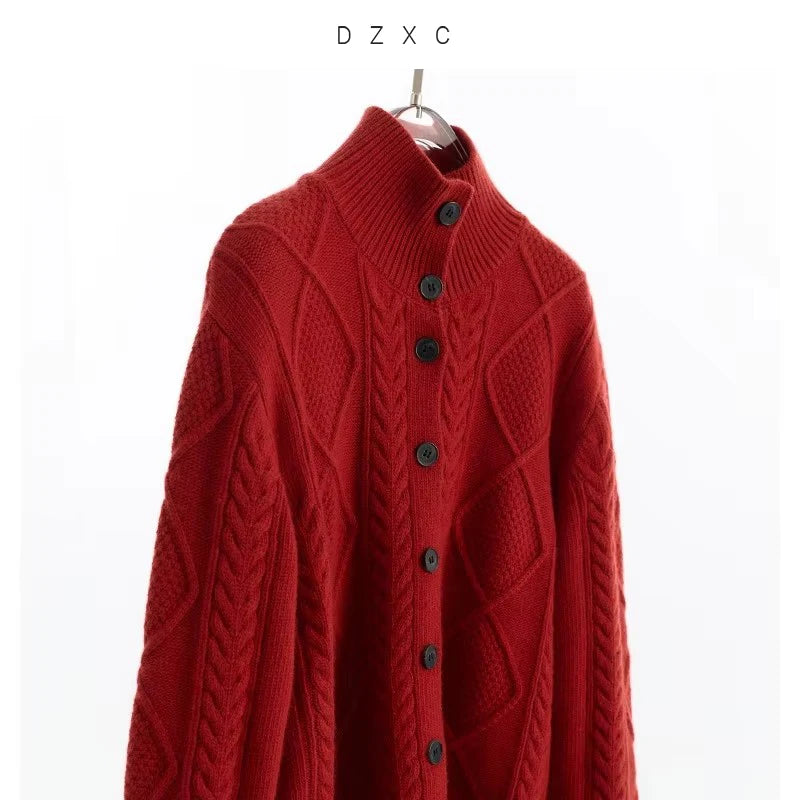 Christmas Red~Sweater Cardigan Thick Knitted Sweater with Vintage Cable Pattern Women's Sweater Winter