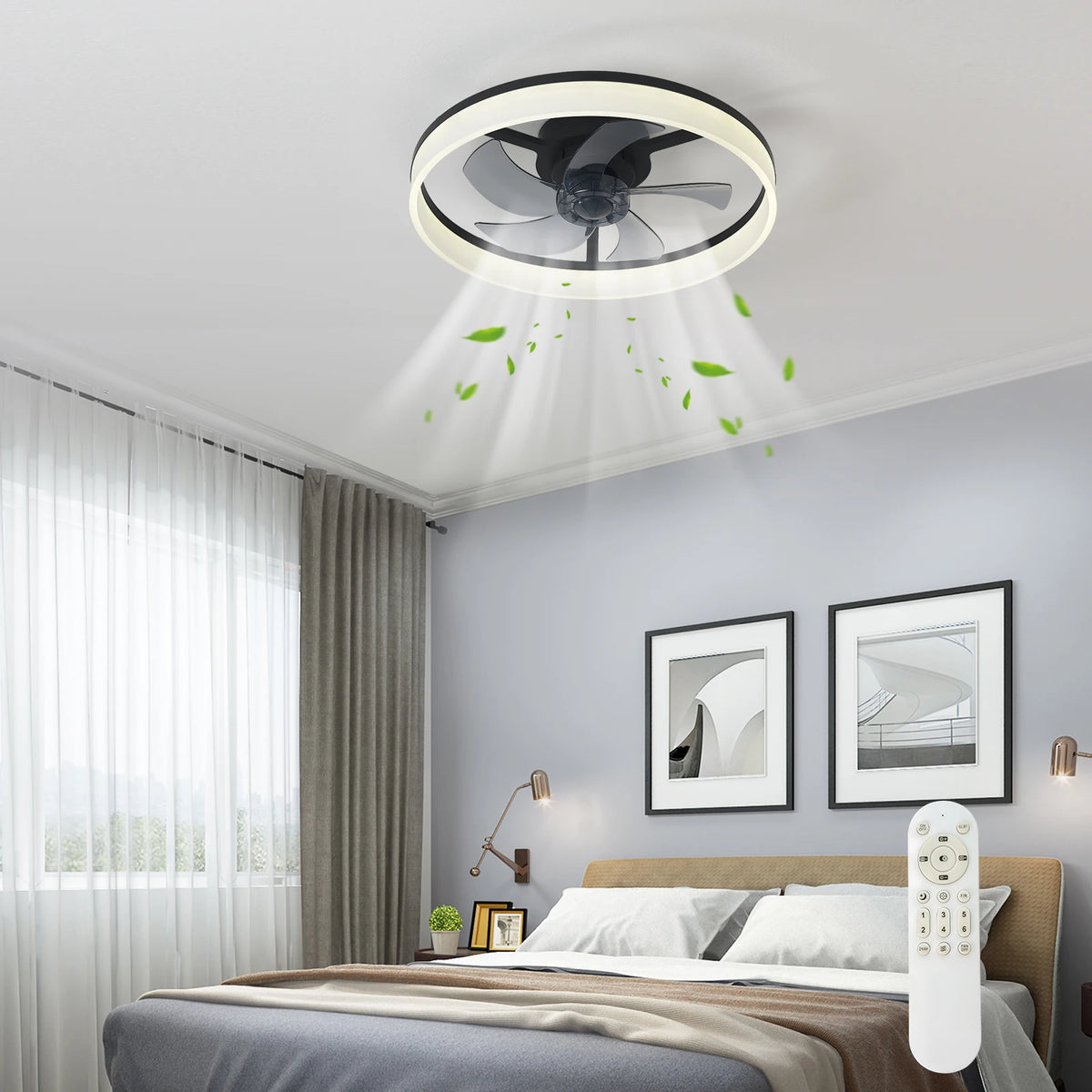 19.7-inch Ceiling Fan With Light, Slim Design, Semi-embedded, 6-speed Adjustable Wind, 3-color Dimmable, Remote Control Included, Suitable For Kitchen, Living Room, Dining Room, And Bedroom
