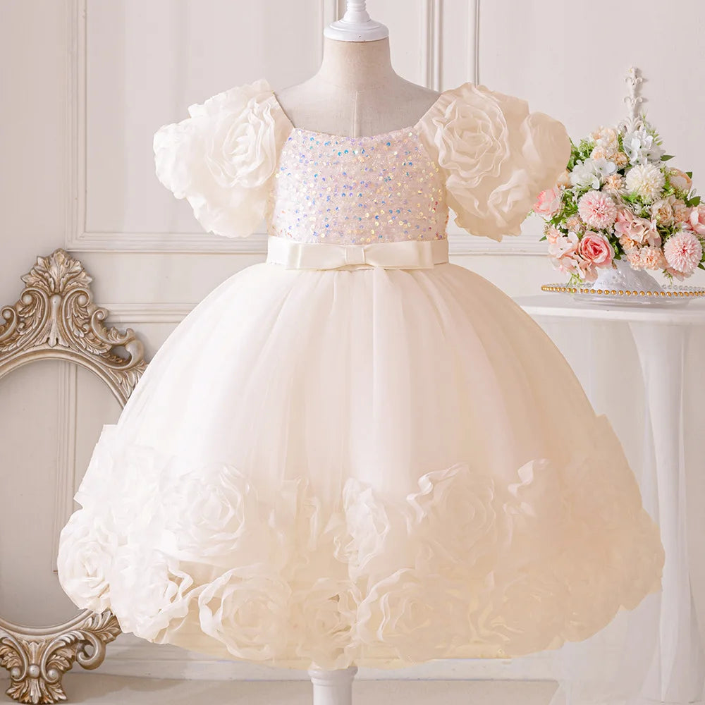 HETISO Girls Princess Sequins Dresses Toddler Kids First Birthday Ball Gown Children Wedding Christmas Party Frocks 2 4 6 8 Year