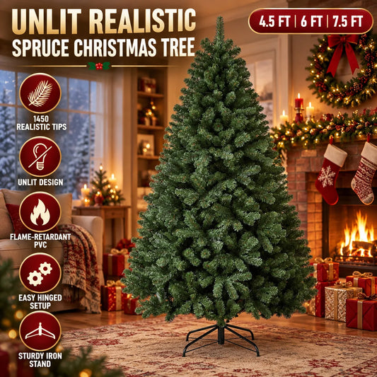 Artificial Christmas Tree 4.5FT 6 FT 7.5FT Unlit Green Spruce Tree with 1450 Realistic Branch Tips Hinged Metal Trunk Collapsible Stand Carry Bag Holiday Decor