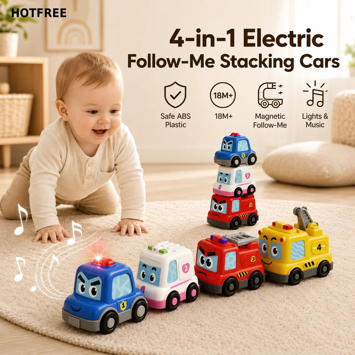 Hotfree 4 in 1 Montessori Toy Cars Set - Stacking Nesting Magnetic Following Toddler Toys 1-2, Sensory Toys with Lights, Music & Cars Toys, STEM Educational Toy, Baby Toys Christmas Birthday Gifts for KIds Boys Girls