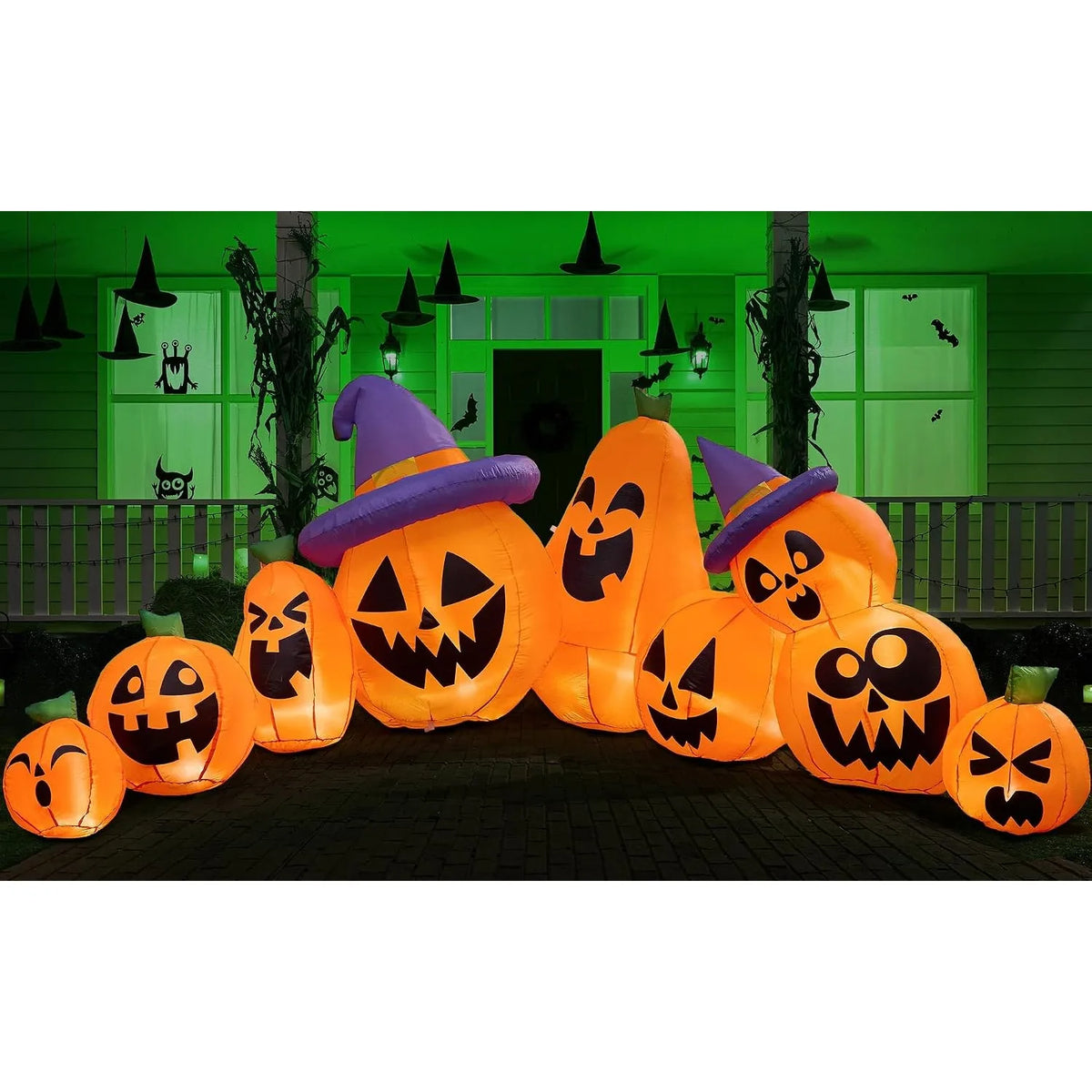 12.5 FT Halloween Inflatable Pumpkin Outdoor Decorations Blow Up Yard Decorations with Witch Hat 9 Pcs Blow Up Pumpkin Inflatable with Built-in LEDs for Halloween Decor