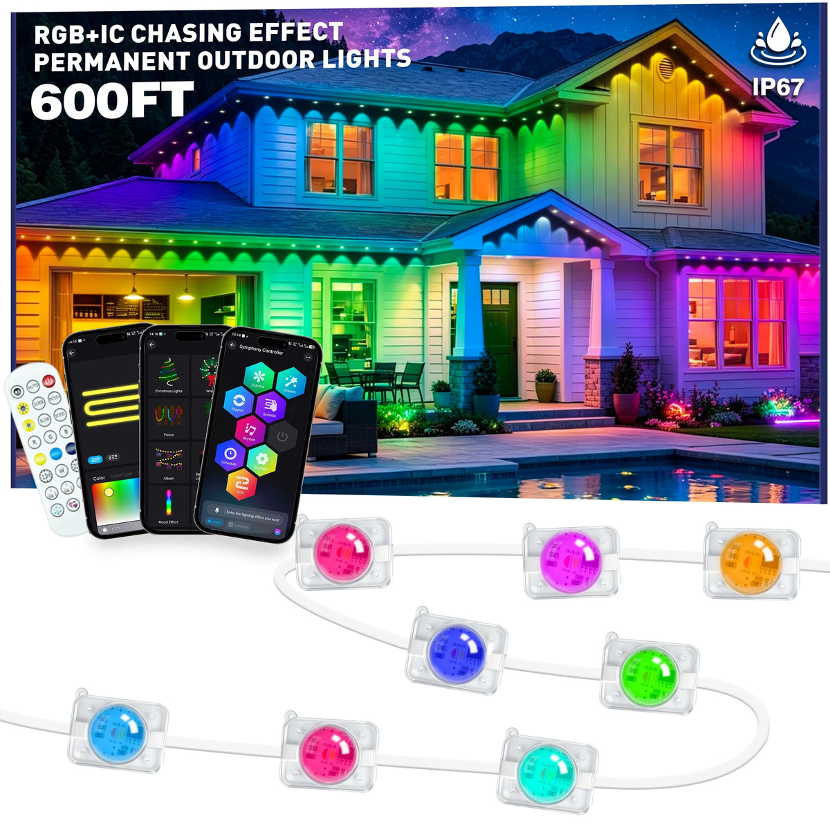 New Permanent Outdoor String Light RGBIC 600ft ,IP67 Waterproof Eaves Lights, App & Remote Control, Music Sync, MyDIY Timer, Easy Install for Patio, Roofline, Garden, Deck, Fence Holiday Decor