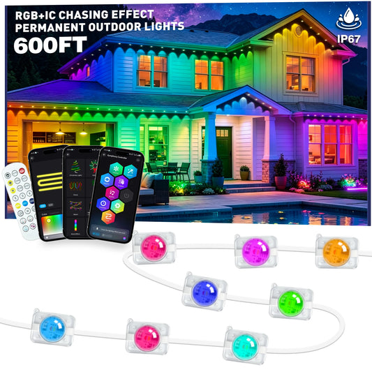 New Permanent Outdoor String Light RGBIC 600ft ,IP67 Waterproof Eaves Lights, App & Remote Control, Music Sync, MyDIY Timer, Easy Install for Patio, Roofline, Garden, Deck, Fence Holiday Decor