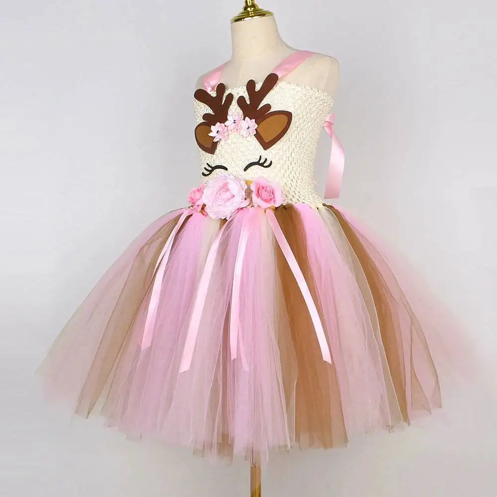 Pink Flowers Deer Costumes for Baby Girls Christmas Tutu Dress Kids Animal Reindeer Outfits Children Xmas Gift New Years Clothes