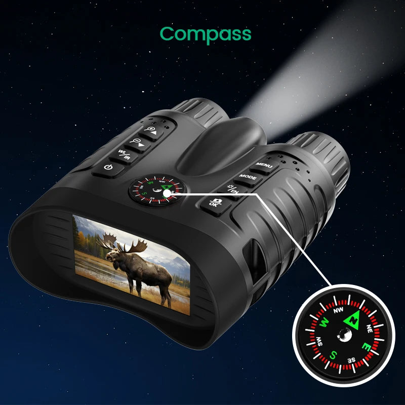 Night Vision Binoculars 36MP 4K 400m Darkness Detection Range Telescope 8x with Mechanical Compass External White LED NV2185