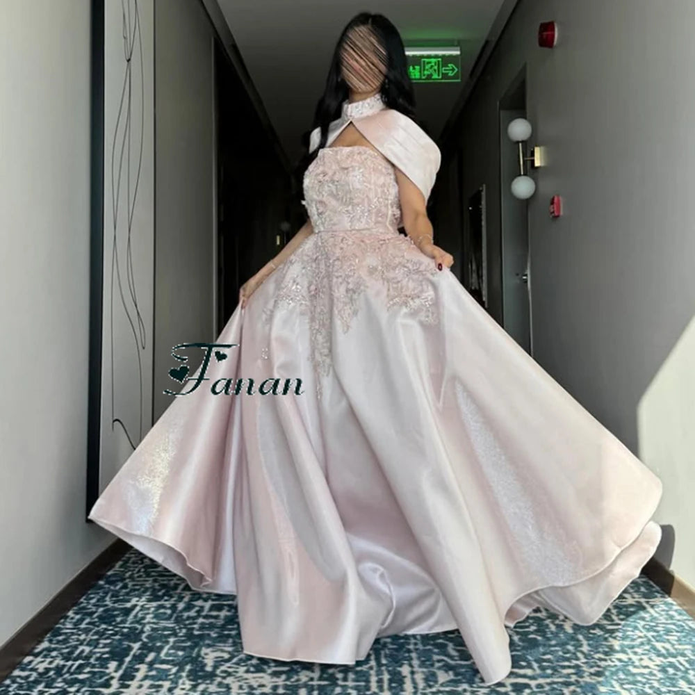Customized Halter Neck Pink Satin A-line Evening Dress Flower Appliques Sleeveless Party Prom Dress Draped Floor Length Gown