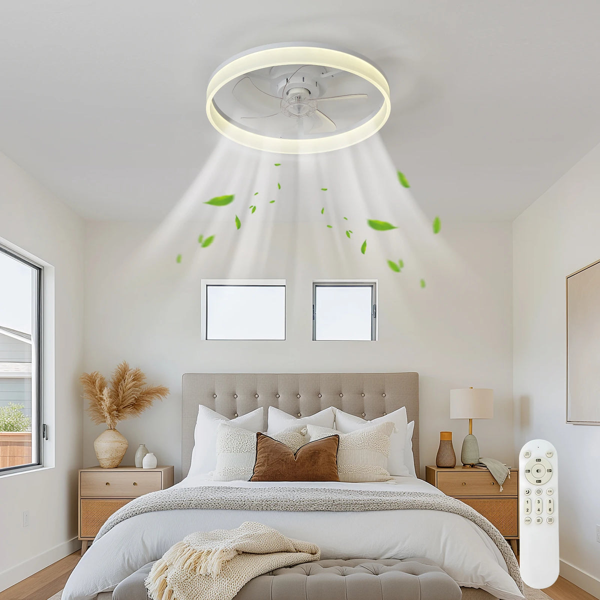 19.7-inch Ceiling Fan With Light, Slim Design, Semi-embedded, 6-speed Adjustable Wind, 3-color Dimmable, Remote Control Included, Suitable For Kitchen, Living Room, Dining Room, And Bedroom