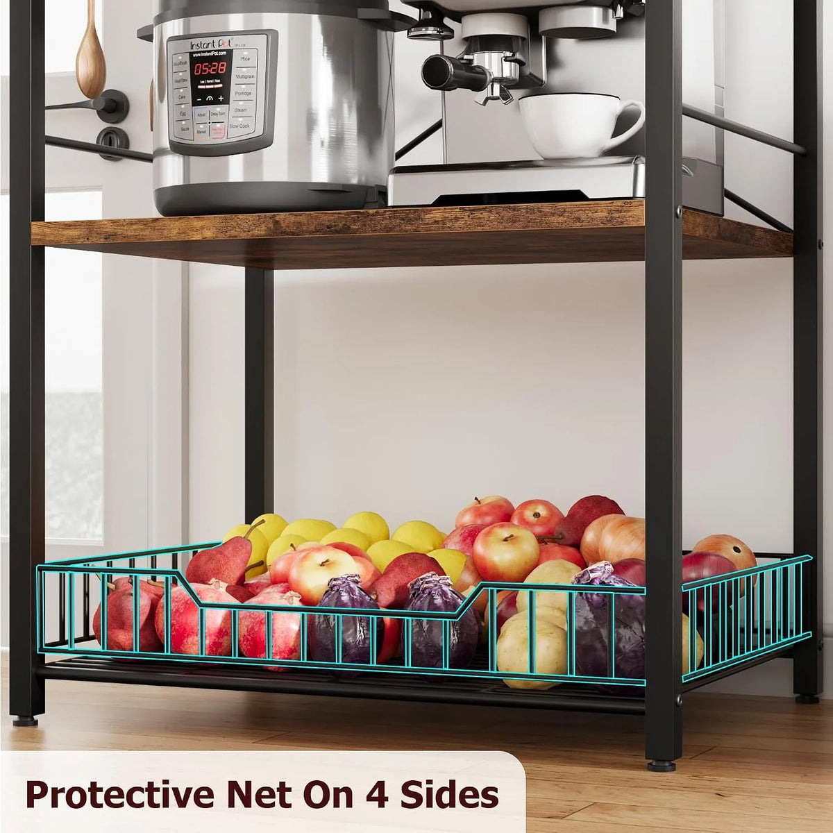 4 Tier Kitchen Bakers Rack with Microwave Stand Coffee Bar Station Freestanding Storage Shelf with Wire Basket 8 Hooks Industrial Style Organizer for Kitchen Pantry Dining Room