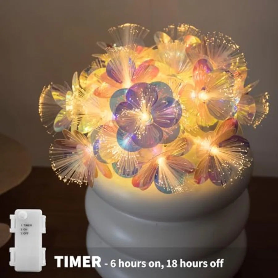 Fiber Optic Flower String Lights Battery Operated with Timer, 10 LED Flower Garland Lights Fairy Lights for Room Table Wedding