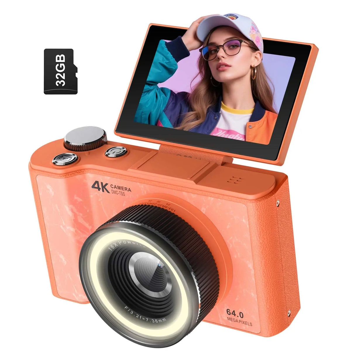 4K Digital Camera for Photography,4k Camera with Ring Light，180° Flip Screen Camera for Vlogging with Beauty Mode,Point and Shoot Digital Cameras for Beginner with SD Card，Christmas Gift