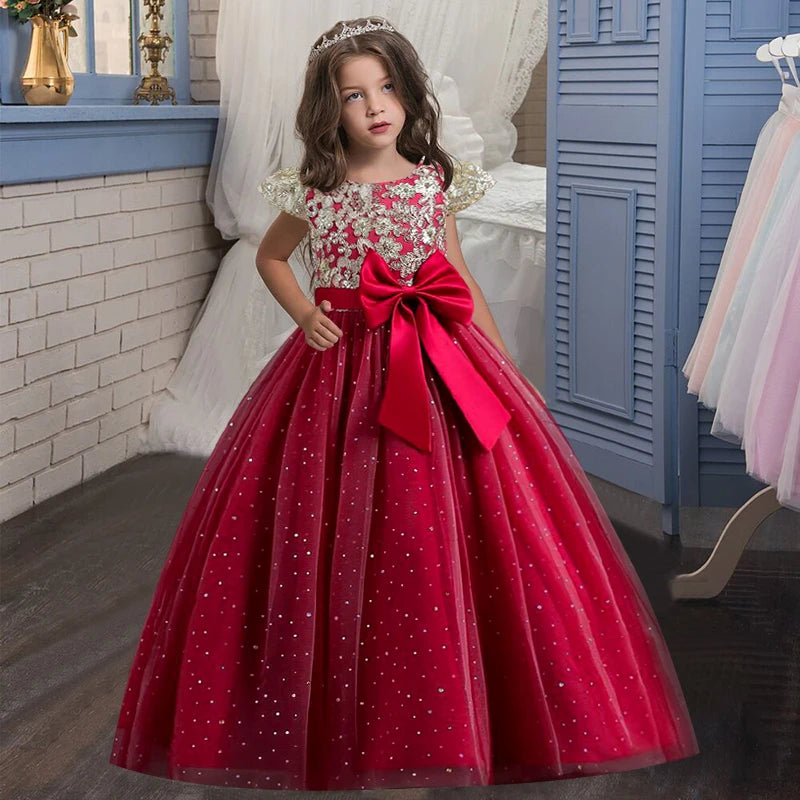 New Christmas Party Princess Long Dress Children's Gauze Lace Birthday Party Dinner Ball Big Butterfly Dress