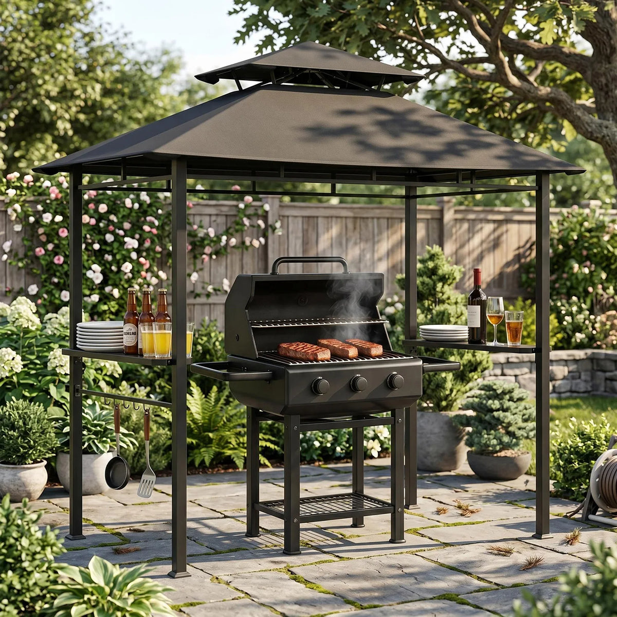 Outdoor BBQ Grill Gazebo 8x5 FT, Double Roof Vented Patio Canopy Tent With 2 Side Shelves For Backyard Cooking