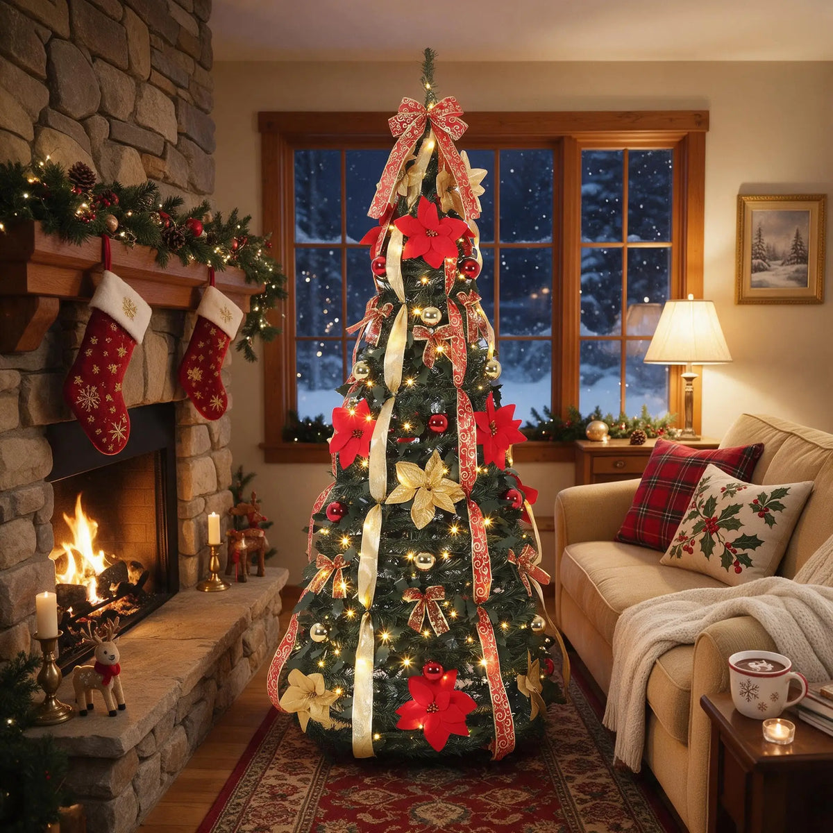 6FT Pre-Lit Pop Up Pencil Christmas Tree, 200 Warm White LED Lights, 8 Modes, Red Gold Ribbon Poinsettia Decor, Slim Holiday Tree