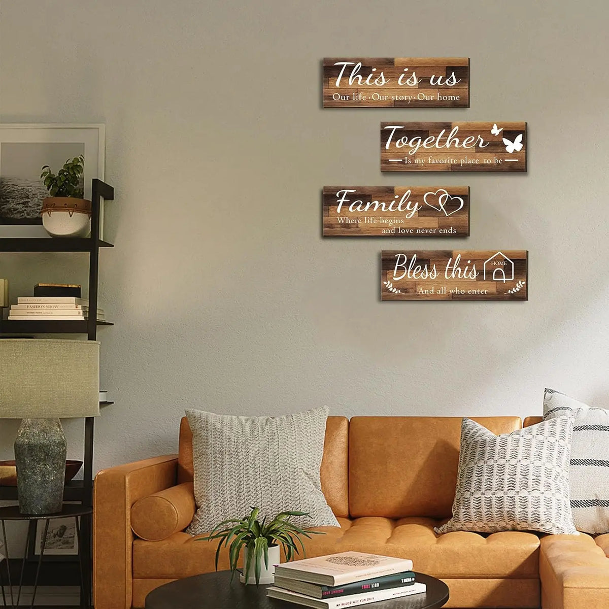 4 Pieces Home Wall Signs, THIS IS US/TOGETHER/BLESS THIS HOME/FAMILY Wall Decor For Living Room Bedroom, Rustic Wooden Farmhouse