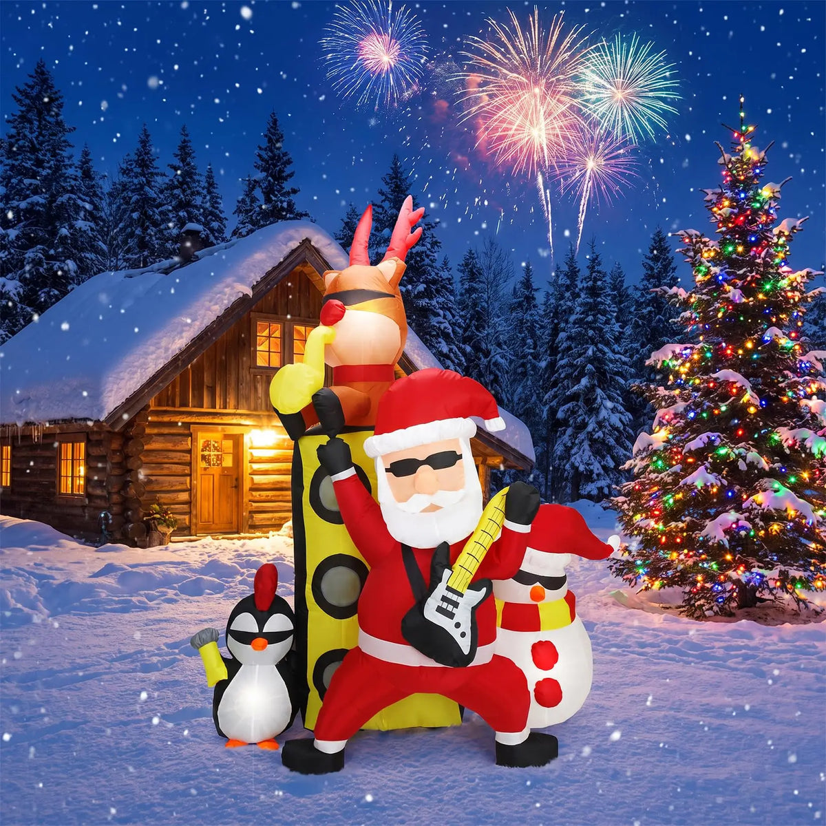 7FT Christmas Inflatable Santa Band With Reindeer Snowman Penguin 5 LED Lights, Blow Up Outdoor Toy For Yard Lawn Porch Party Decor