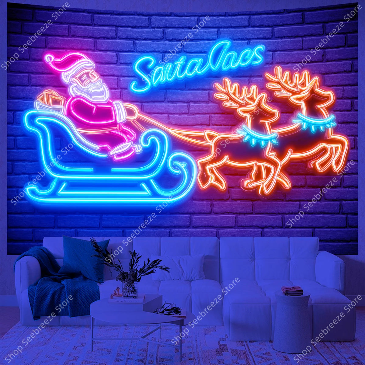 Neon Santa Claus Sleigh Ride UV Tapestry Glowing Reindeer Wall Hanging for Christmas Holiday Bedroom Living Room Office Decor