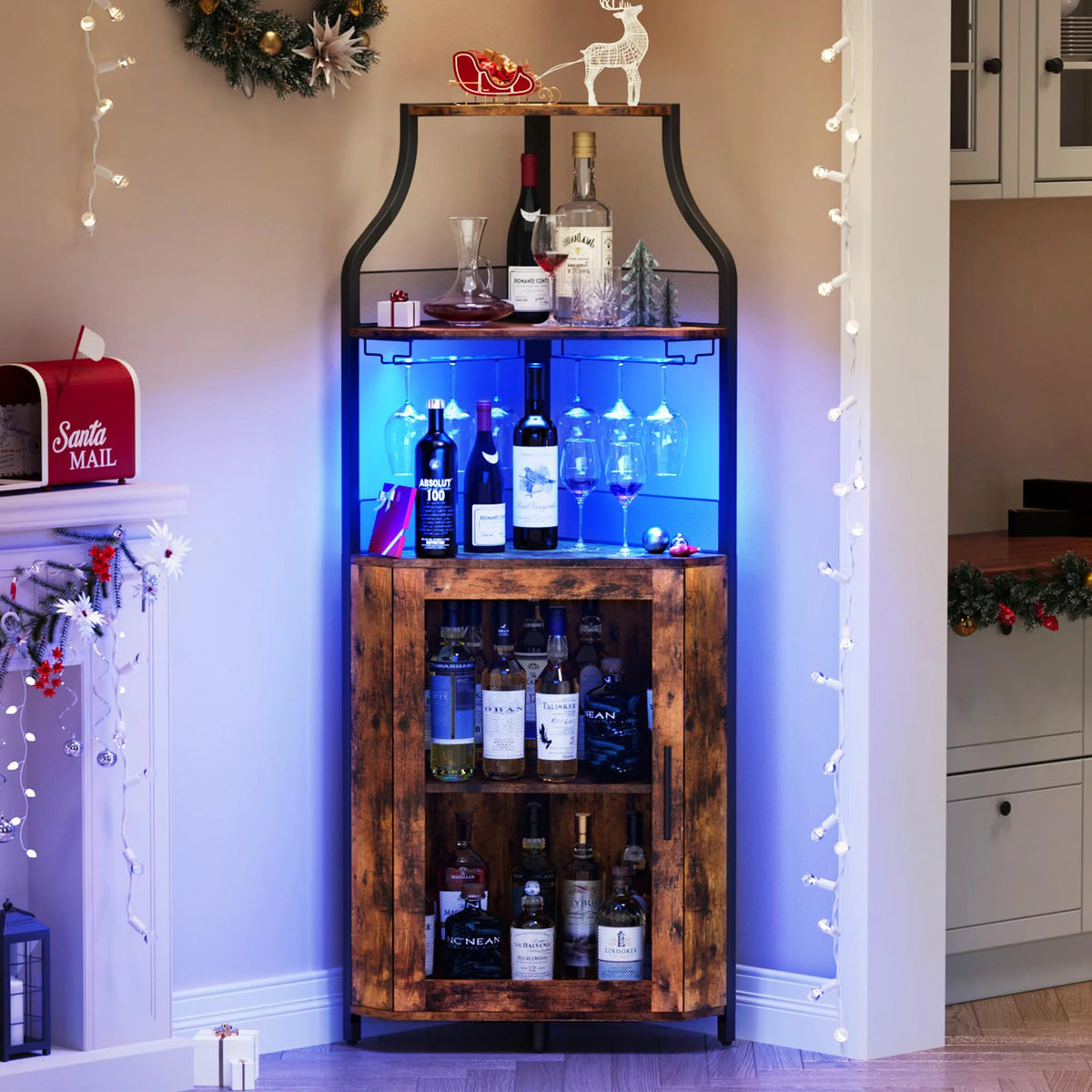 Corner Bar Wine Cabinet With LED Lights, 5-Tier Liquor Storage Cabinet With Glass Holder, Mesh Door & Adjustable Shelf For Home