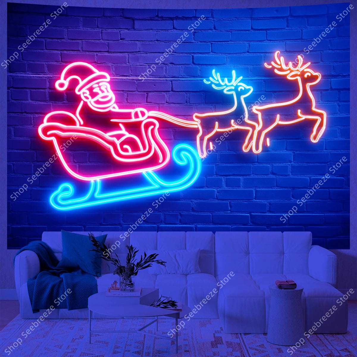 Neon Santa Claus Sleigh Ride UV Tapestry Glowing Reindeer Wall Hanging for Christmas Holiday Bedroom Living Room Office Decor