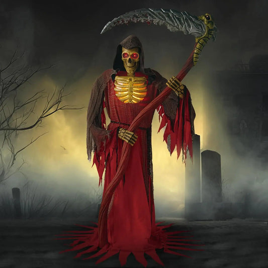 7Ft Animatronics Grim Reaper Halloween Decor Outdoor Animated Standing Skeleton Holding Giant Scythe with Light and Infrared Sensor Scary Ghost Decor for Indoor Lawn Haunted House
