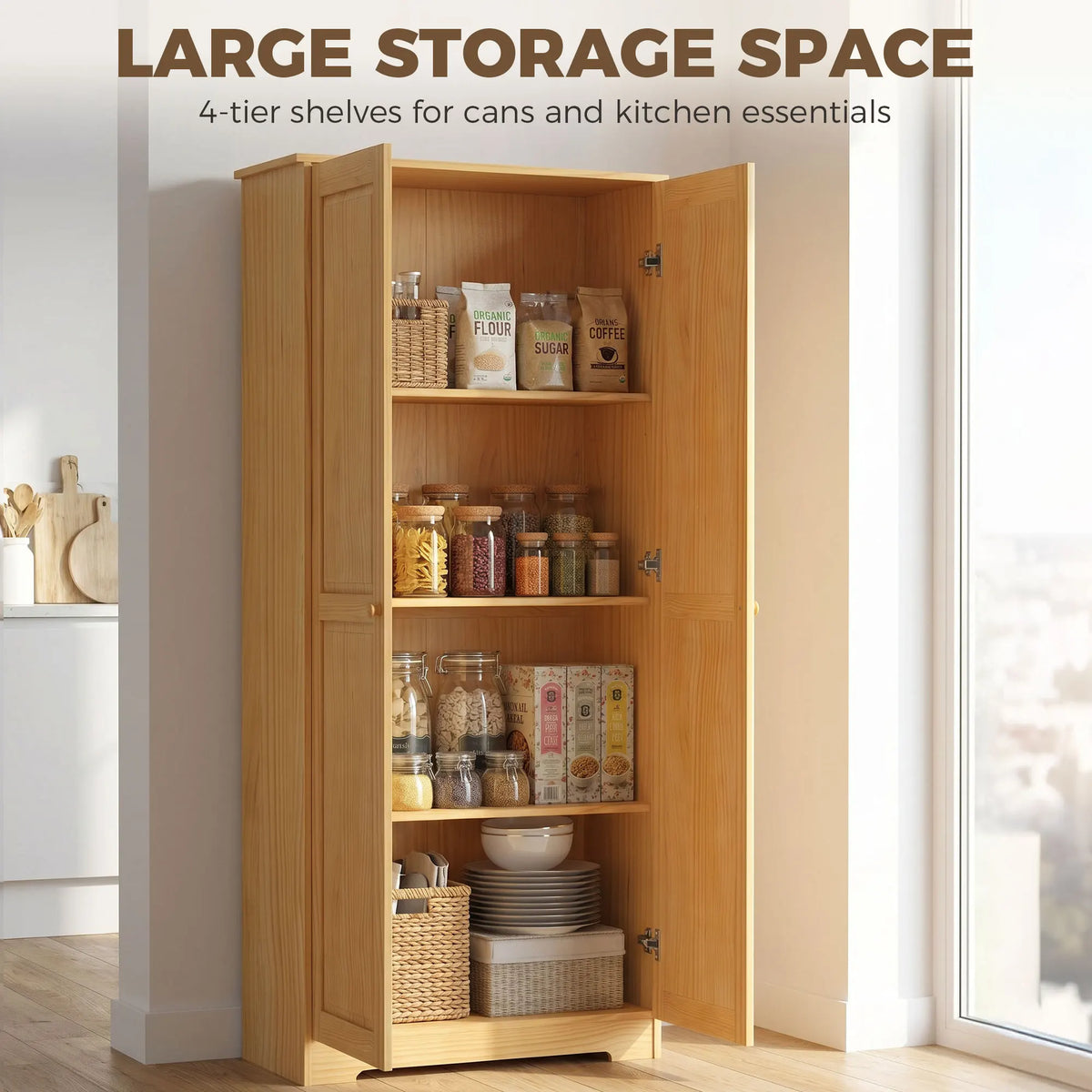 HOMCOM 67" Pinewood Kitchen Pantry Storage Cabinet, Freestanding Cabinets with Adjustable Shelves, Solid Wood Food Pantry with Soft-Close Doors for Living Room Dining Room, Brown