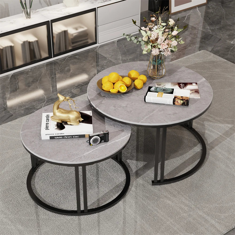 LUVODI Small Living Room Furniture Table 2 Pack Round Marble Nesting Center Coffee Table Sofa Side Tea Desk Space-saving