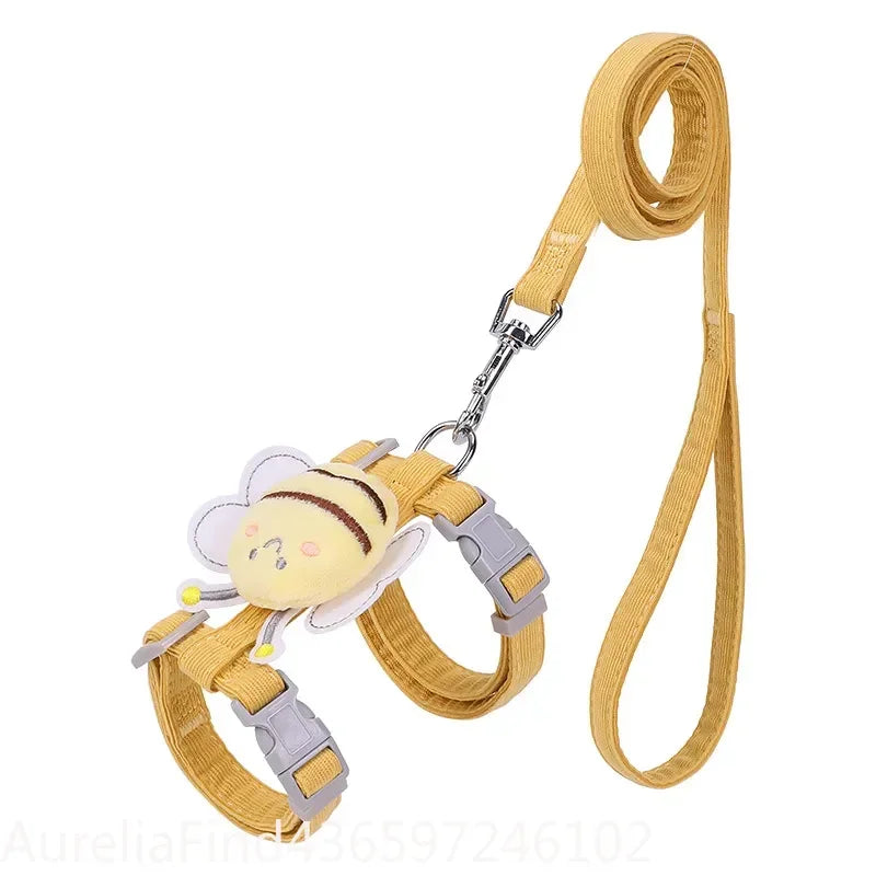 Cartoon Bee Double‑Layer Pet Harness Collar Leash Set Adjustable For Cat Small Medium Dog Outdoor Walking Supply