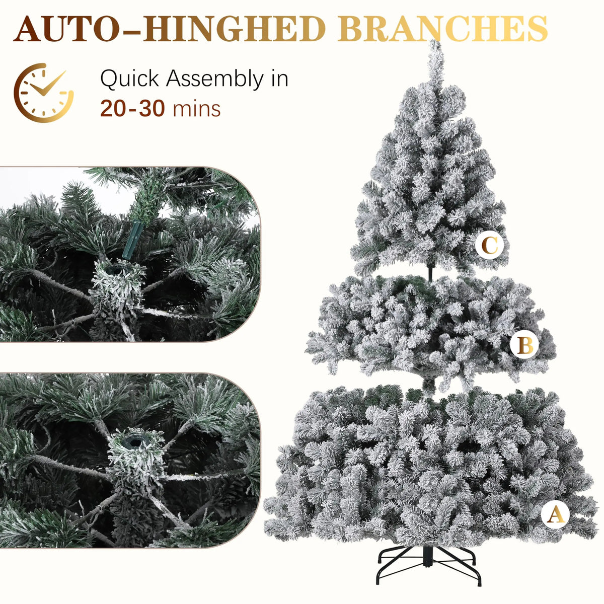 6FT/7.5FT Flocked Artificial Christmas Tree with Snowy Warm White LED Lights Hinged Divisions & Metal Stand  Soft Snow Fraser Fir Holiday Decor for Home & Office