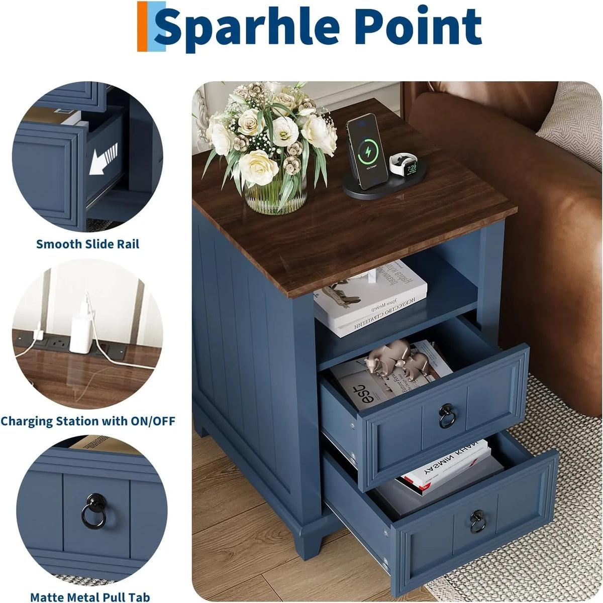 18 Inch Wood Nightstand with USB Charging Station Modern Fluted Bedside Table 2 Drawer End Table with Storage Shelf for Bedroom Living Room Home Office Apartment Dorm Blue