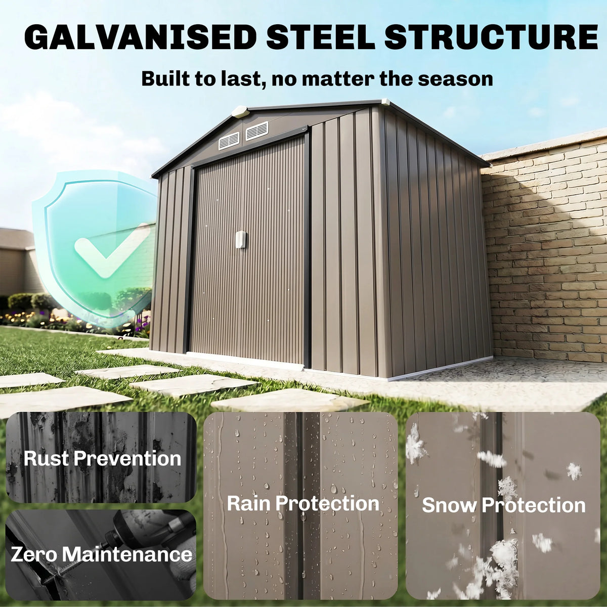 Garden Shed Storage Unit w/ Locking Door Foundation Kit Air Vent Brown