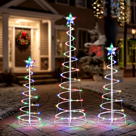 3 Pack Spiral Christmas Tree Lights 218 LED Outdoor Lighted Tree with Star Topper & Stakes, Christmas Decorations for Yard Porch Patio Garden Holiday Xmas Eve Night Décor, Multicolor