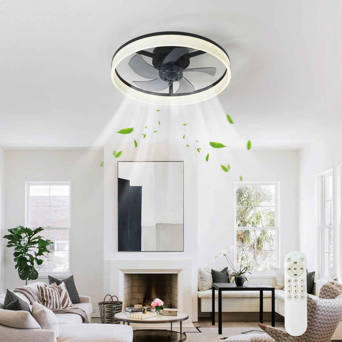 19.7-inch Ceiling Fan With Light, Slim Design, Semi-embedded, 6-speed Adjustable Wind, 3-color Dimmable, Remote Control Included, Suitable For Kitchen, Living Room, Dining Room, And Bedroom