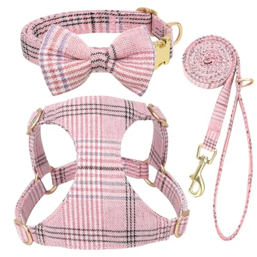 Extra Small Dog Harness Collar and Leash Set with Bowtie, Soft Adjustable Plaid Polyester Harness for Small Dogs and Cats, Red/