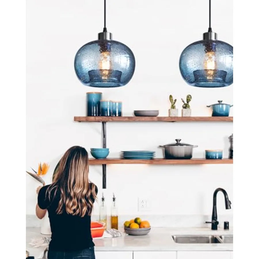 Glass Pendant Lights Kitchen Island Modern Farmhouse Blue Ceiling Hanging Light Fixtures Globe Over Table Sink Foyer Entryway B