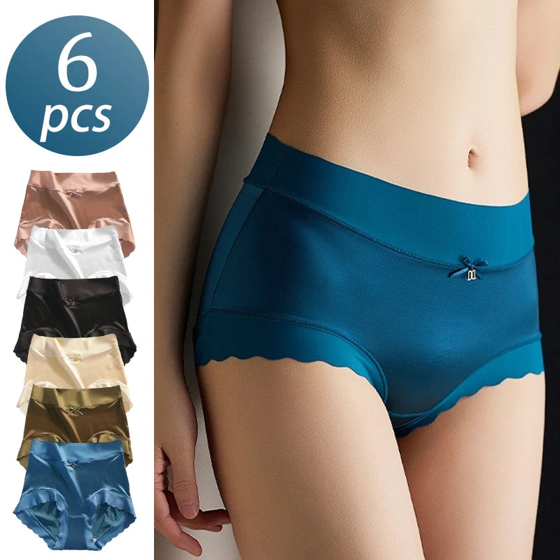 6pcs Plus Size Women's Seamless Luxury Satin Briefs Mid-Waist Ruffle Mulberry Silk Butt-Lifting Panties Skin-Friendly Crotch, Sexy, Stretchy UnderWear for Women