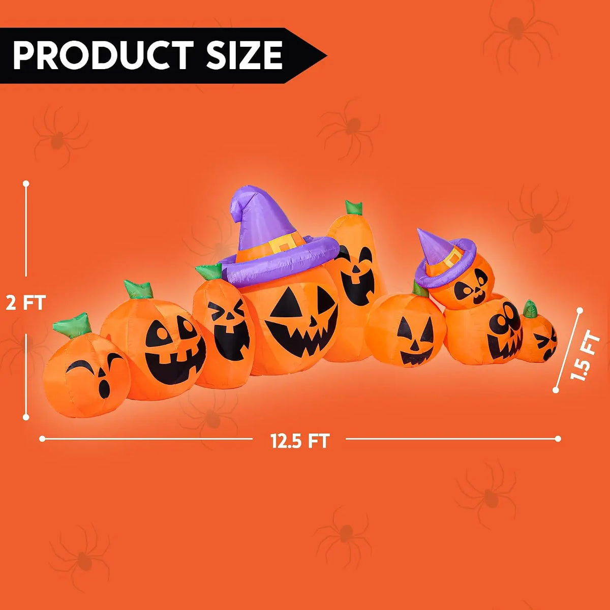12.5 FT Halloween Inflatable Pumpkin Outdoor Decorations Blow Up Yard Decorations with Witch Hat 9 Pcs Blow Up Pumpkin Inflatable with Built-in LEDs for Halloween Decor